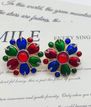 Vintage Red, Green And Blue Oil-Drip Enamel Flower Earrings