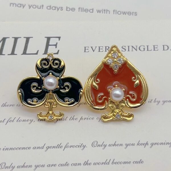 Alice In Wonderland Theme Imitation Pearl Sweetheart Red Peach Black Plum Enamel Glaze Asymmetrical Earrings