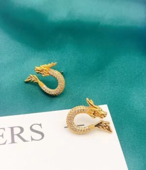 Diamond-Studded Dragon Earrings, Copper-Plated Gold