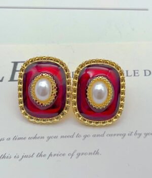 Red Drip Oil Square Imitation Pearl Earrings