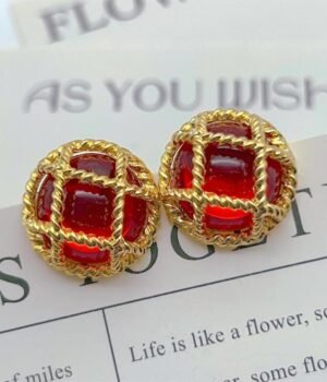 Hollow Three-Dimensional Checkered Semicircular Red Resin Earrings