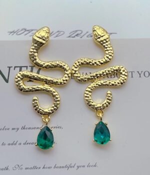 Green Water Drop Zircon Snake-Shaped Gold Earrings