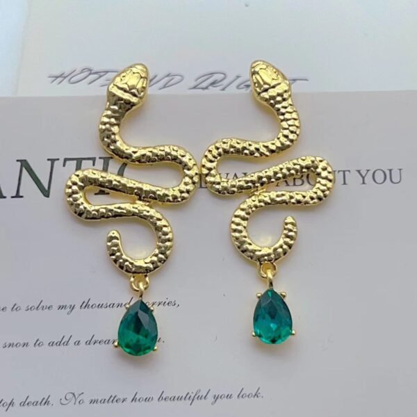 Green Water Drop Zircon Snake-Shaped Gold Earrings