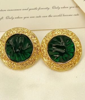 Vintage Geometric Dark Green Round Glass Bas-Relief Earrings
