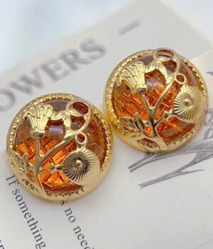 Vin Tage Hollow Carved Orange Three-Dimensional Semi-Circular Glass Earrings