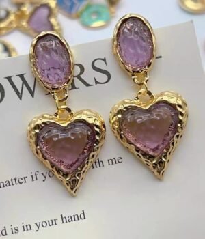 Vintage Gold Lava Lavender Glass Heart Earrings