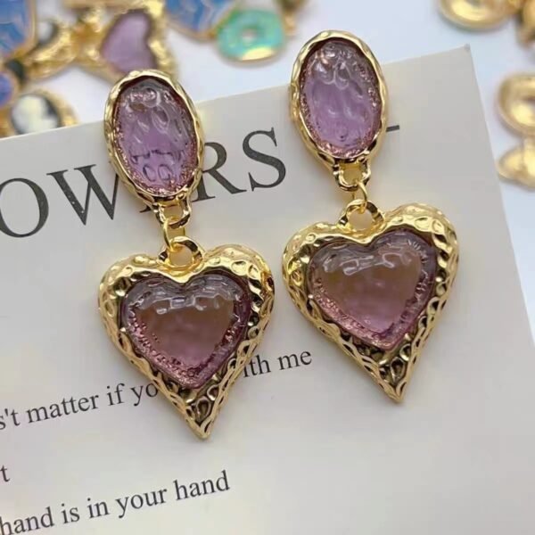 Vintage Gold Lava Lavender Glass Heart Earrings