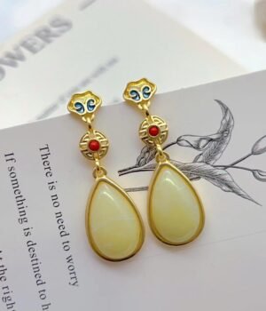 Vintage Imitation Jade Chinese Style Auspicious Cloud Pattern Drip Glaze Earrings