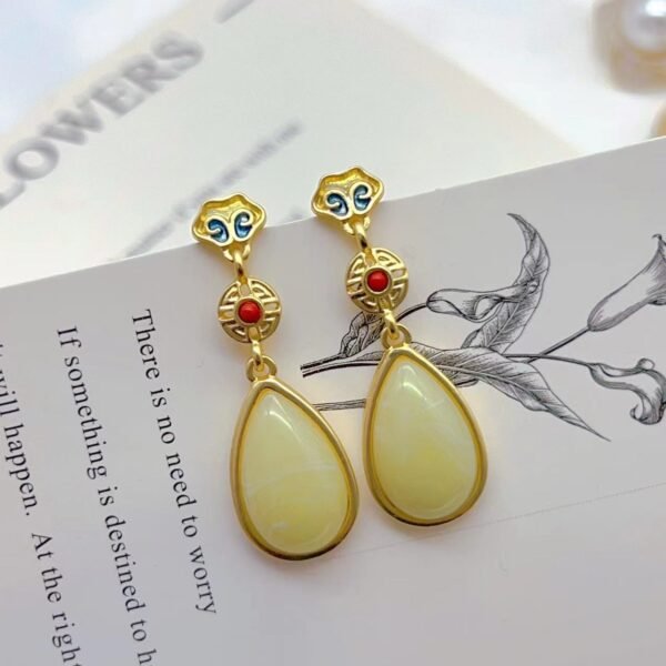 Vintage Imitation Jade Chinese Style Auspicious Cloud Pattern Drip Glaze Earrings