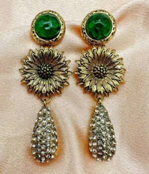Vintage Small Daisy Green Inlaid Diamond Pendant Earrings