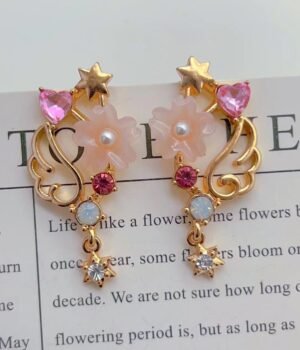 Hollow Pink Heart Wings Flower Star Symmetrical Earrings