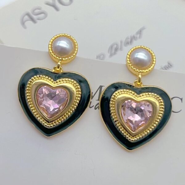 Vintage Imitation Pearl Brown Heart Earrings Pink Vintage Enamel Glaze