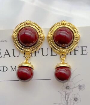 Gold Imitation Red Inlaid Earrings