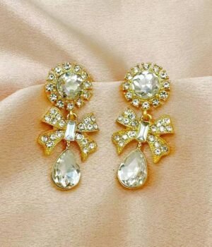 Vintage Diamond Gold Bow Drop Shape Earrings
