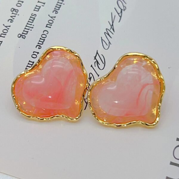 Peach Pink Heart Vintage Glass Irregular Texture Earrings