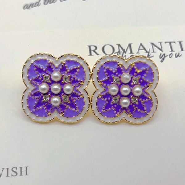Blue And Purple Four-Leaf Flower Earrings Imitation Pearl Earrings