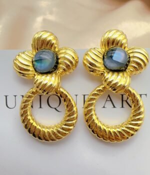 Vintage Flower Ring Inlaid Gem Gold Earrings