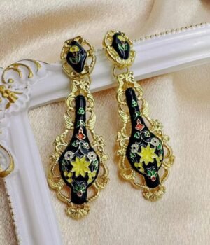Vintage Black Enamel Vase-Shaped Earrings With Relief Patterns