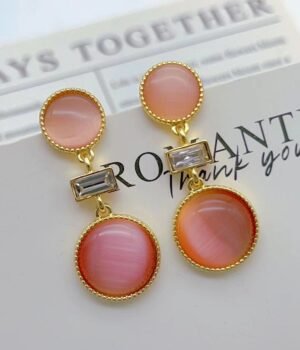 Pink Round Gradient Cat'S Eye Inlaid Earrings