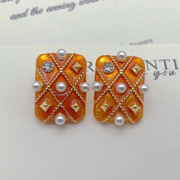 Vintage Overseas Baroque Enamel Glaze Yellow Diamond Imitation Pearl Rectangular Earrings