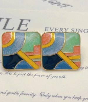 Vintage Color Matching Geometric Square Puzzle Enamel Glaze Drip Glaze Earrings