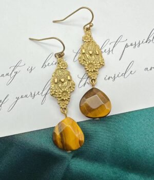 Vintage Flower Relief Bohemian Tiger Eye Stone Earrings