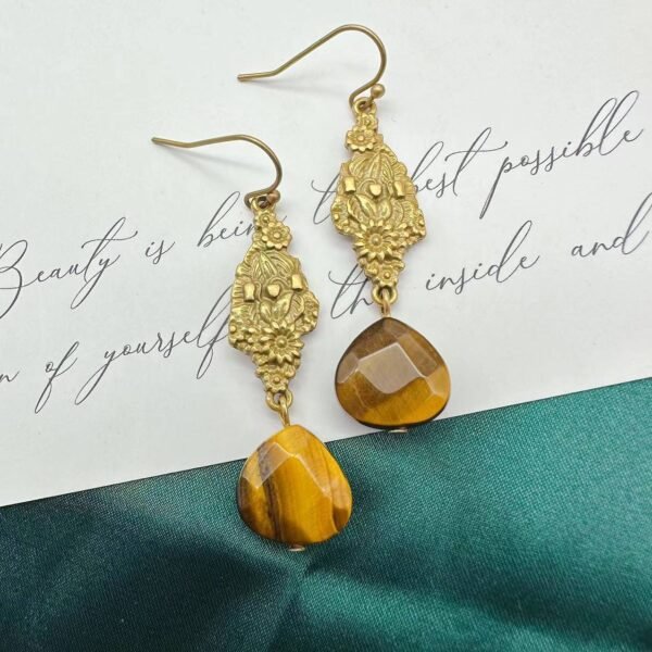 Vintage Flower Relief Bohemian Tiger Eye Stone Earrings
