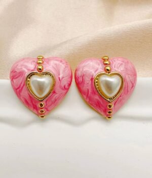 Vintage Pink Heart Enamel Imitation Pearl Elegant Earrings