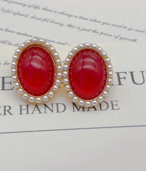 Vintage Earrings ~ Oval Pearl Red