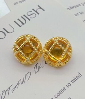 Hollow Three-Dimensional Checkered Semicircular Yellow Resin Earrings