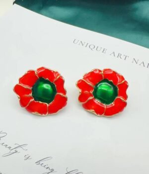 Vintage Large Flower Enamel Orange-Red Earrings