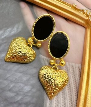Vintage Black And Gold Heart Earrings Three-Dimensional Relief Earrings
