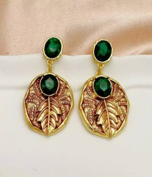 Vintage Leaf-Shaped Enamel Green Inlaid Pendant Earrings