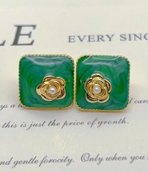 Green Imitation Pearl Rose Flower Earrings