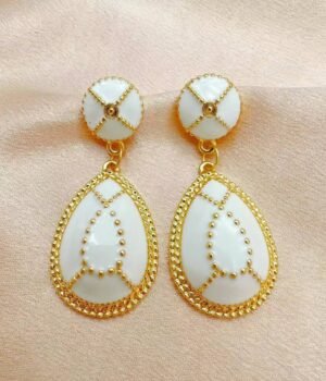 White Drop-Shaped Pendant Printed Enamel Earrings