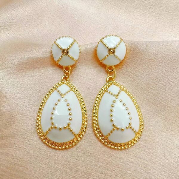 White Drop-Shaped Pendant Printed Enamel Earrings
