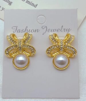 Vintage Baroque Imitation Pearl Butterfly Diamond Earrings Gold Brand