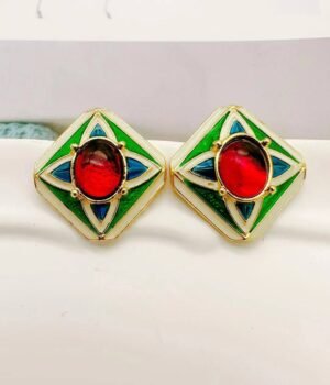 Vintage Enamel Red Zircon Inlaid Earrings