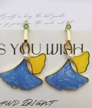 Ginkgo Shape Blue And Yellow Drip Glaze Earrings