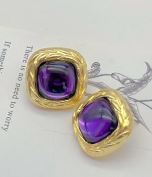 Vintage Square Purple Gem Inlaid Gold Earrings