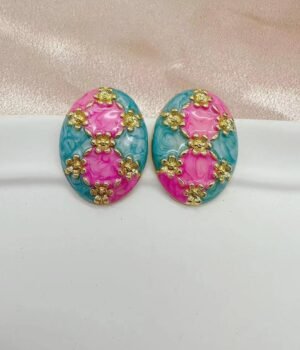 Vintage Relief Flower Blue And Pink Enamel Glaze Earrings