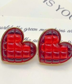 Vintage Plaid Red Resin Heart Earrings