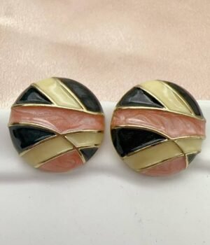 Round Black Pink Enamel Color Earrings Vintage