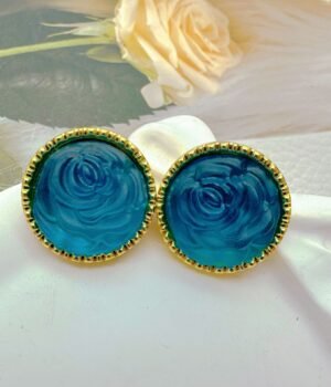 Resin Inlaid Sea Blue Rose Earrings Round Camellia Earrings