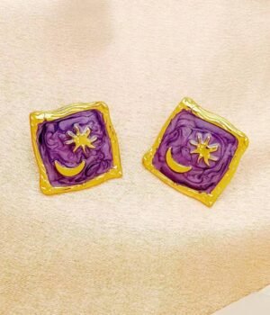 Enamel Geometric Earrings Moon Star Pattern Vintage