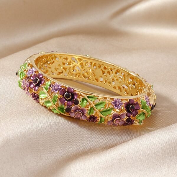 Chinese Style Cloisonne Enamel Color Hollow-out Colorful Flower Roses Relif Bangle Cuff Bracelet - Image 4