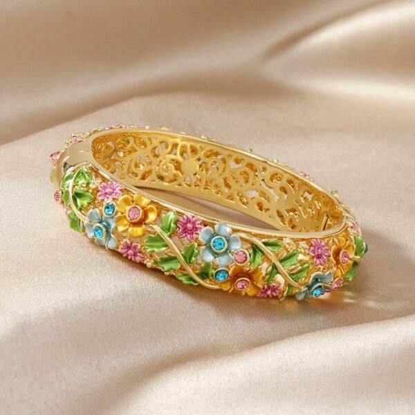 Chinese Style Cloisonne Enamel Color Hollow-out Colorful Flower Roses Relif Bangle Cuff Bracelet - Image 3