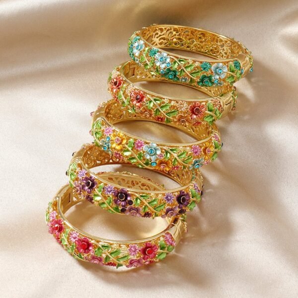Chinese Style Cloisonne Enamel Color Hollow-out Colorful Flower Roses Relif Bangle Cuff Bracelet