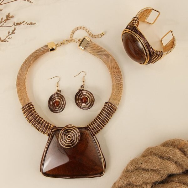 Boho Style Maximelism Jewelry Set Bohemia Design Brown / Green Stone Necklace Earrings Bangle Bracelet Sets - Image 7