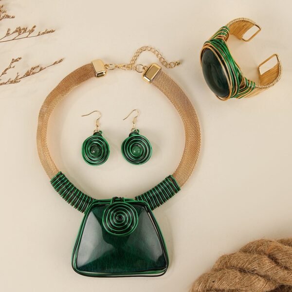 Boho Style Maximelism Jewelry Set Bohemia Design Brown / Green Stone Necklace Earrings Bangle Bracelet Sets - Image 2